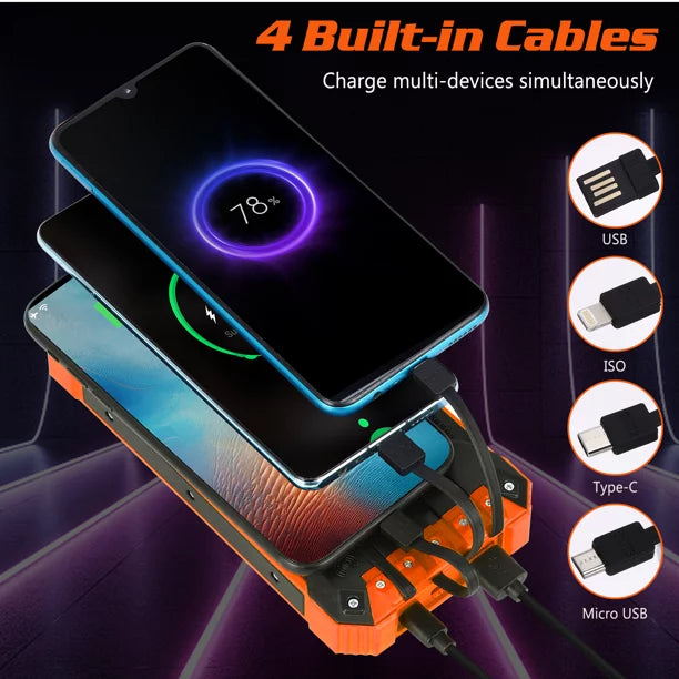 Solar Power Bank 20000mAh Built-in 4 Cables Qi Wireless Charger For BLU G50 Mega with LED Flashlight Solar Portable External Battery IPX4 Waterproof 15W 5V/3A USB C Port 6 Outputs 3 Inputs