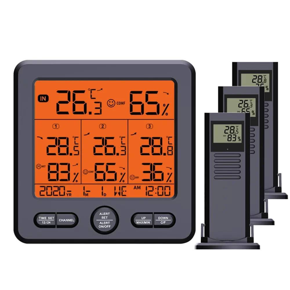 Digital Wireless Indoor  Thermohygrometer with 3 Remote Sensors 98ft/ 30m Backlight & Alarm Calibration Function Humidity  with 3 Transmitters elements Stations for Home Office