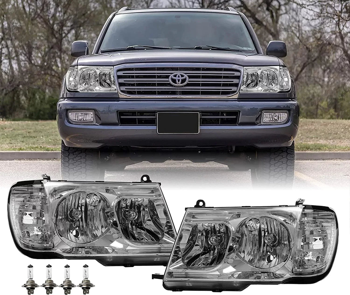 USR DEPO FJ100 Headlights - Headlamps Set (Left + Right) suitable with 1998-2005  Land Cruiser FJ 100 (Euro Style with Clear Corner ONE Piece Design)