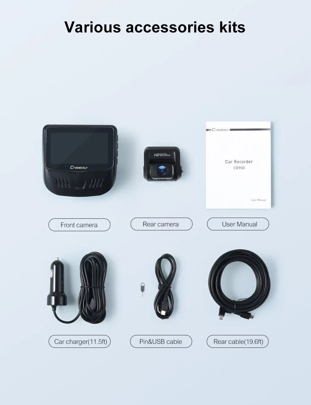 Crosstour Dash Cam,Front and Rear 3” Dual Car Camera 1080P,External GPS Supported, Sensor,32GB Max,Black