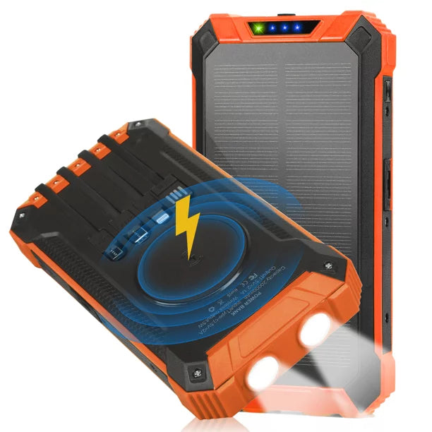 Solar Power Bank 20000mAh Built-in 4 Cables Qi Wireless Charger For BLU G50 Mega with LED Flashlight Solar Portable External Battery IPX4 Waterproof 15W 5V/3A USB C Port 6 Outputs 3 Inputs