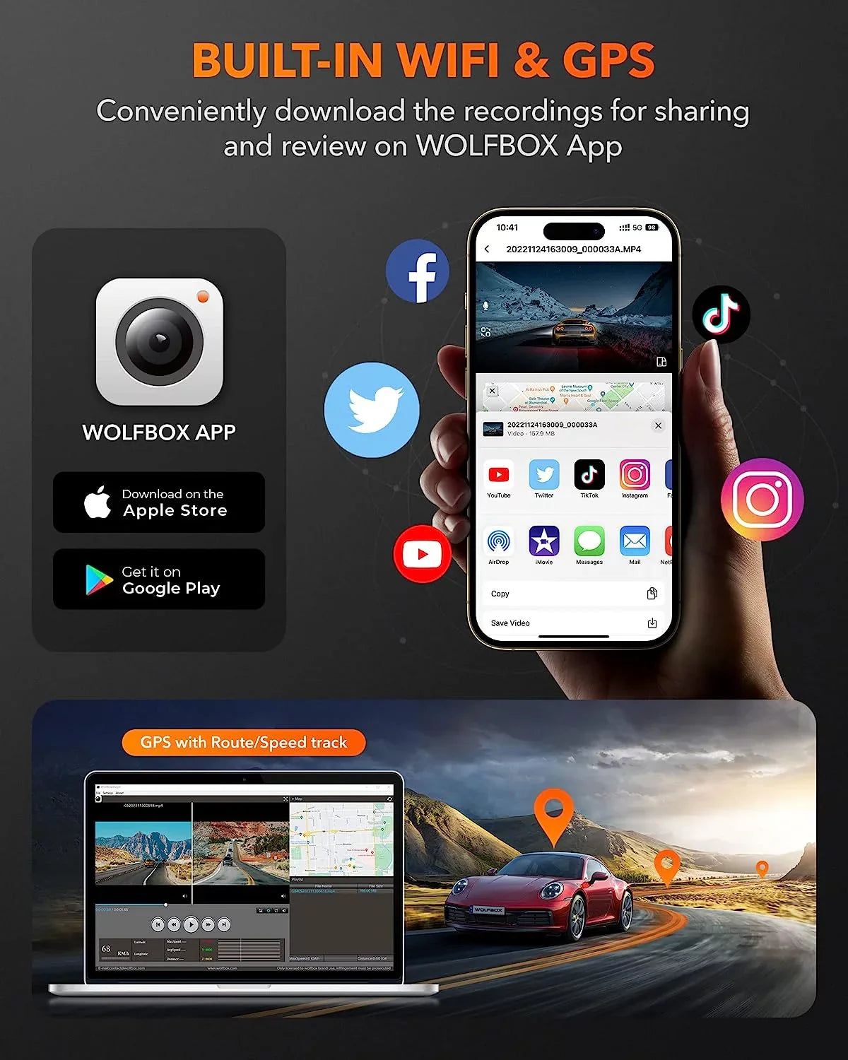 WOLFBOX Dash Cam Front and Rear, 4K UHD Front and 1080P Rear DashCam with GPS & WiFi, Car Dashcam with Night Vision, WDR, Free 32G Card, Loop Recording