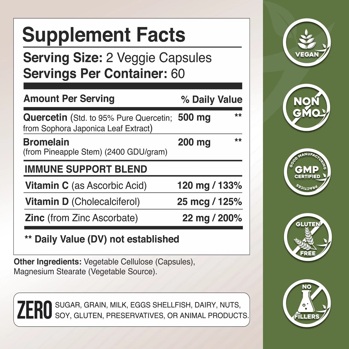 Daily Supplement with Vitamin D3 (Non-GMO, Gluten-Free, Vegan) 6 Month Supply. Quercetin with Vitamin C and Zinc - Quercetin 500mg - Quercetin with Bromelain - Zinc Quercetin - 360 Veggie Caps