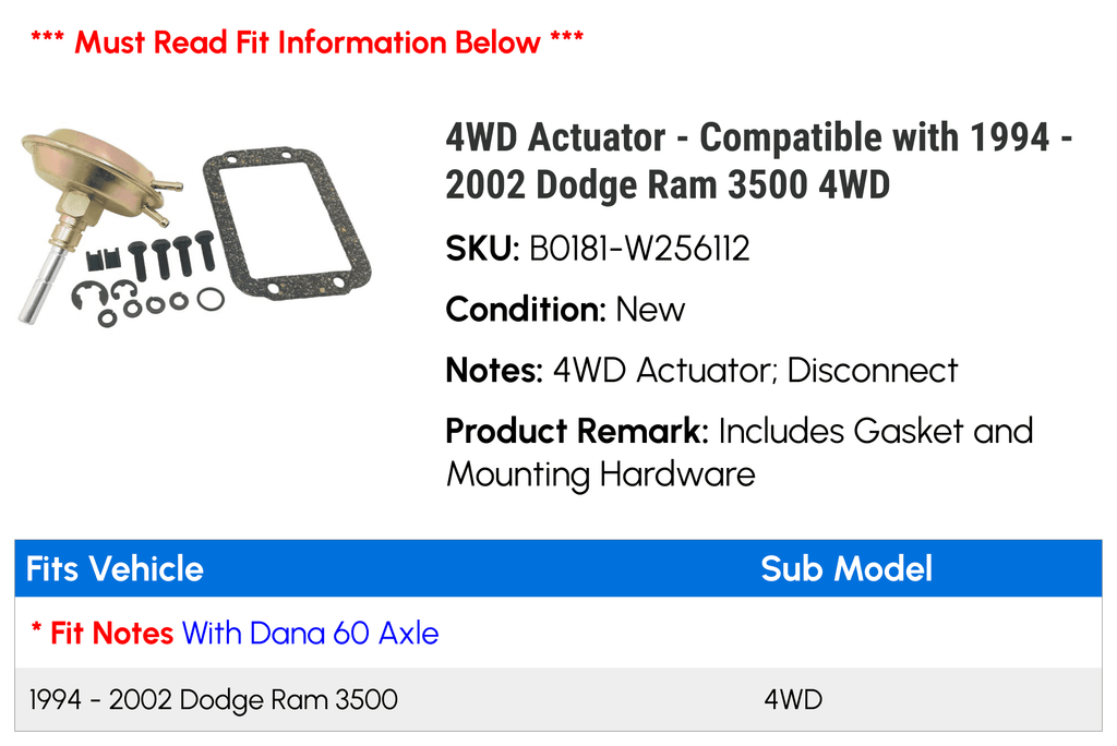 4WD Actuator - matching with 1994 - 2002 Dodge Ram 3500 4WD 1995 1996 1997 1998 1999 2000 2001