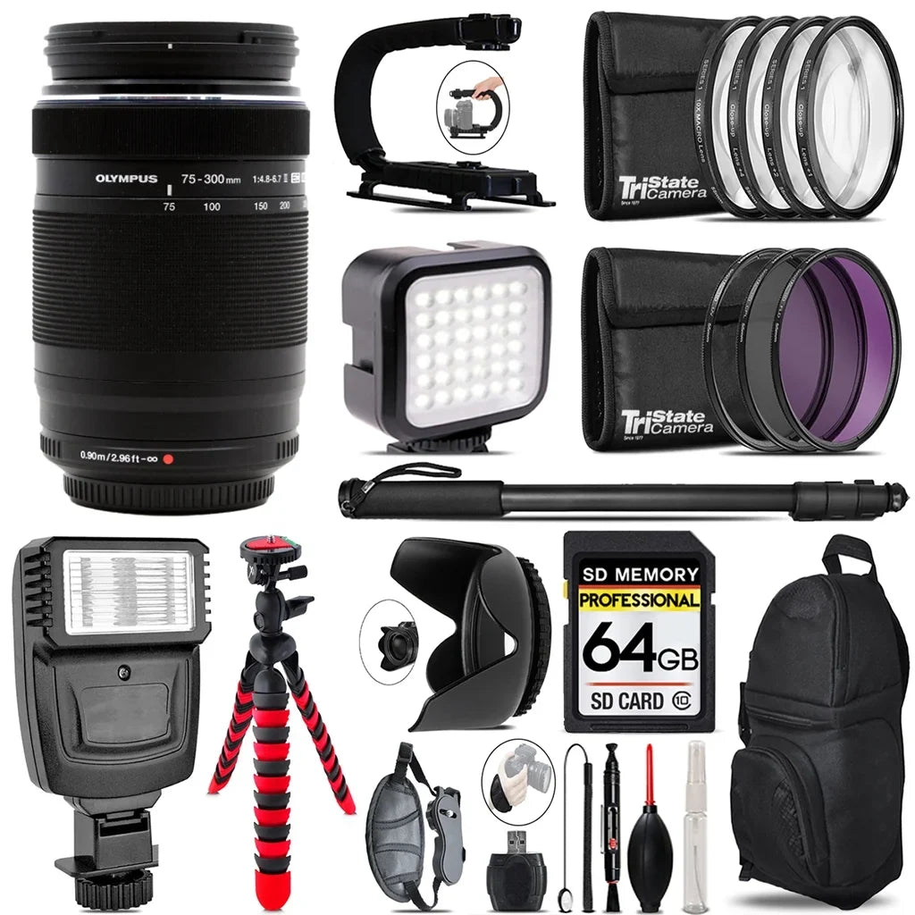 Olympus M.Zuiko Digital ED 75-300mm f/4.8-6.7 II Lens- Video Kit +  Flash - 64GB Accessory Bundle