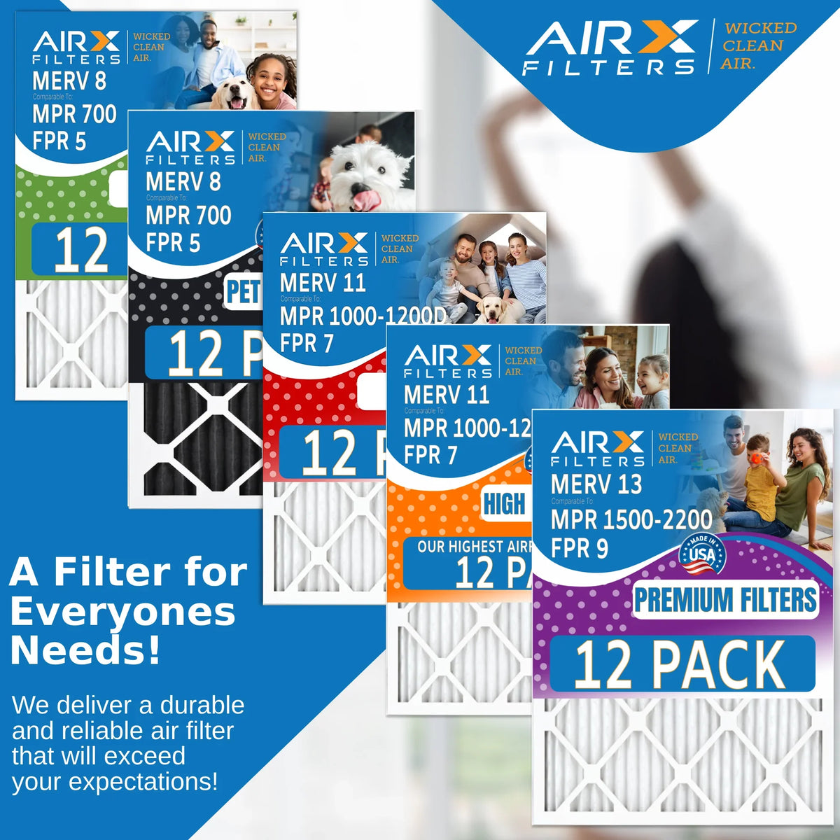 16x20x1 Air Filter MERV 8 Rating, 12 Pack of Furnace Filters Comparable to MPR 700 & FPR 5 - Made in USA by AIRX FILTERS WICKED CLEAN AIR.