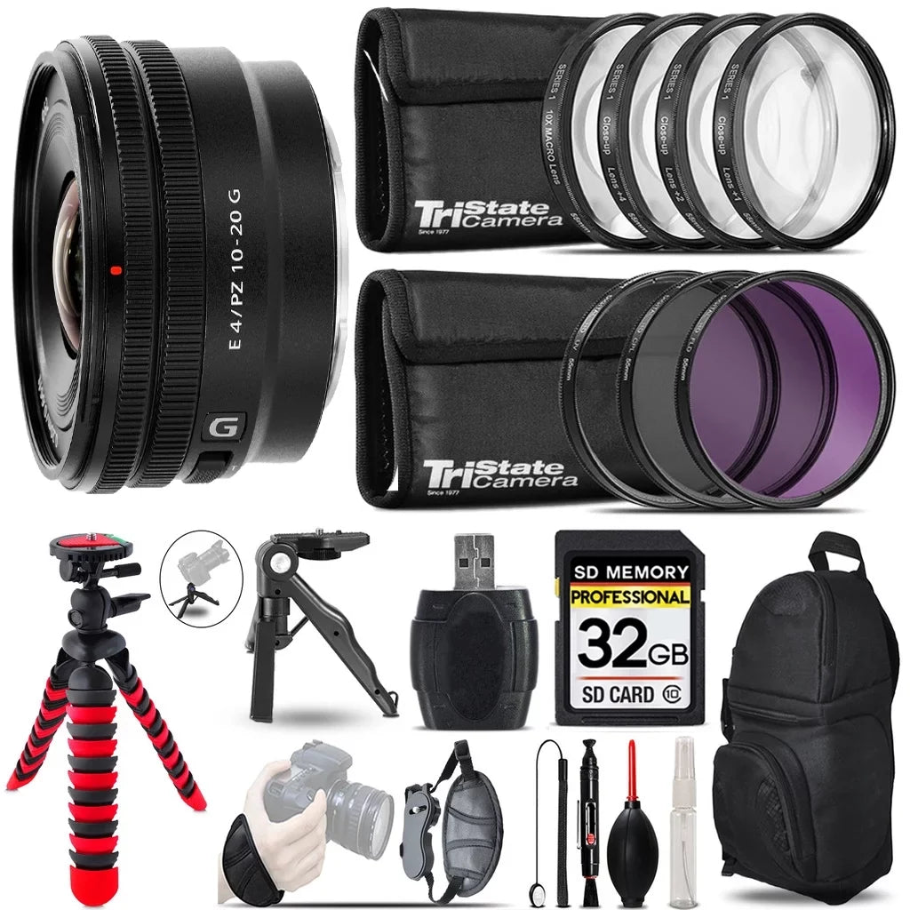 E 10-20mm f/4 PZ G Lens + MACRO, UV-CPL-FLD Filter - 32GB Accessory Kit