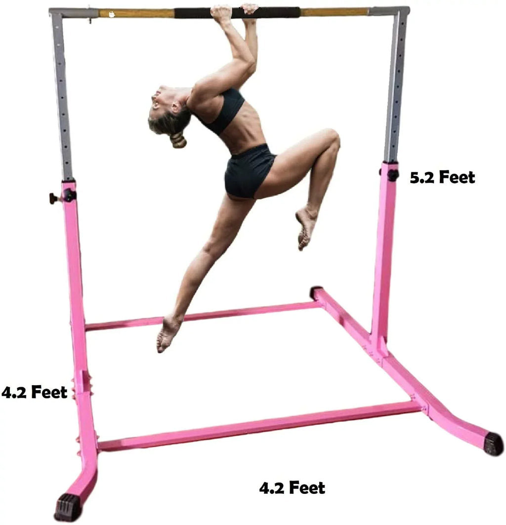 Pro-Gymnastics Expandable Gymnastics Kip Bar Horizontal Bar Junior Gymnastic Training High Bar Asymmetric Bar 13 Level Height Adjustable 3 to 5 FT Cushioned Bar & Curved Legs (Pink)