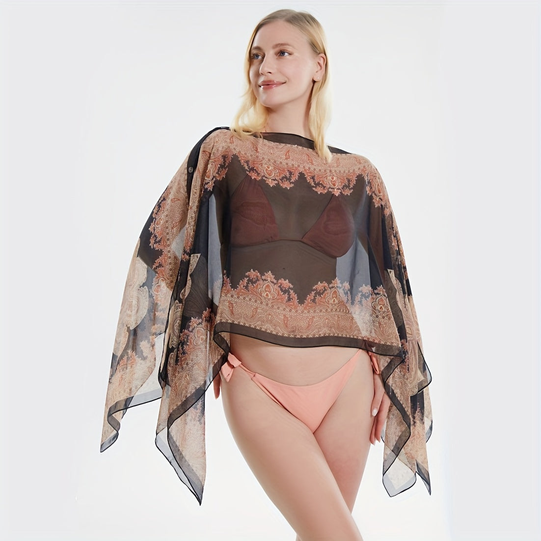 Jkzcp  Fashionable Sun Protection  Vintage Paisley Print Shawl Bikini wrap Up With Button
