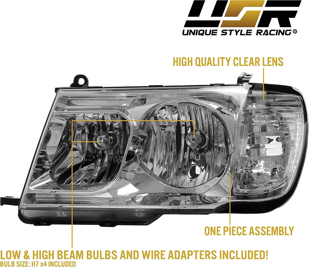 USR DEPO FJ100 Headlights - Headlamps Set (Left + Right) suitable with 1998-2005  Land Cruiser FJ 100 (Euro Style with Clear Corner ONE Piece Design)