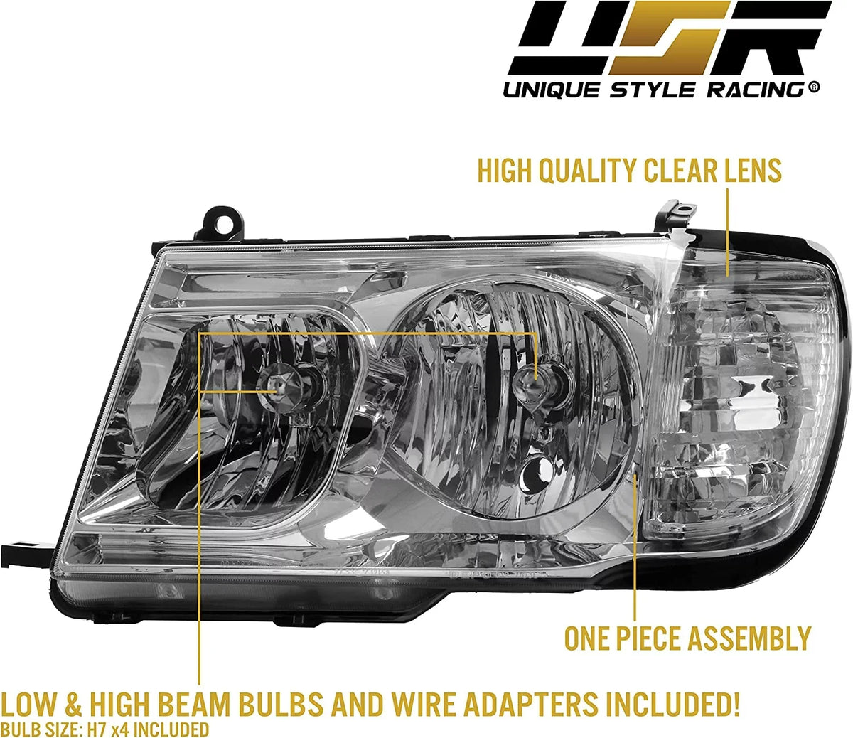USR DEPO FJ100 Headlights - Headlamps Set (Left + Right) suitable with 1998-2005  Land Cruiser FJ 100 (Euro Style with Clear Corner ONE Piece Design)