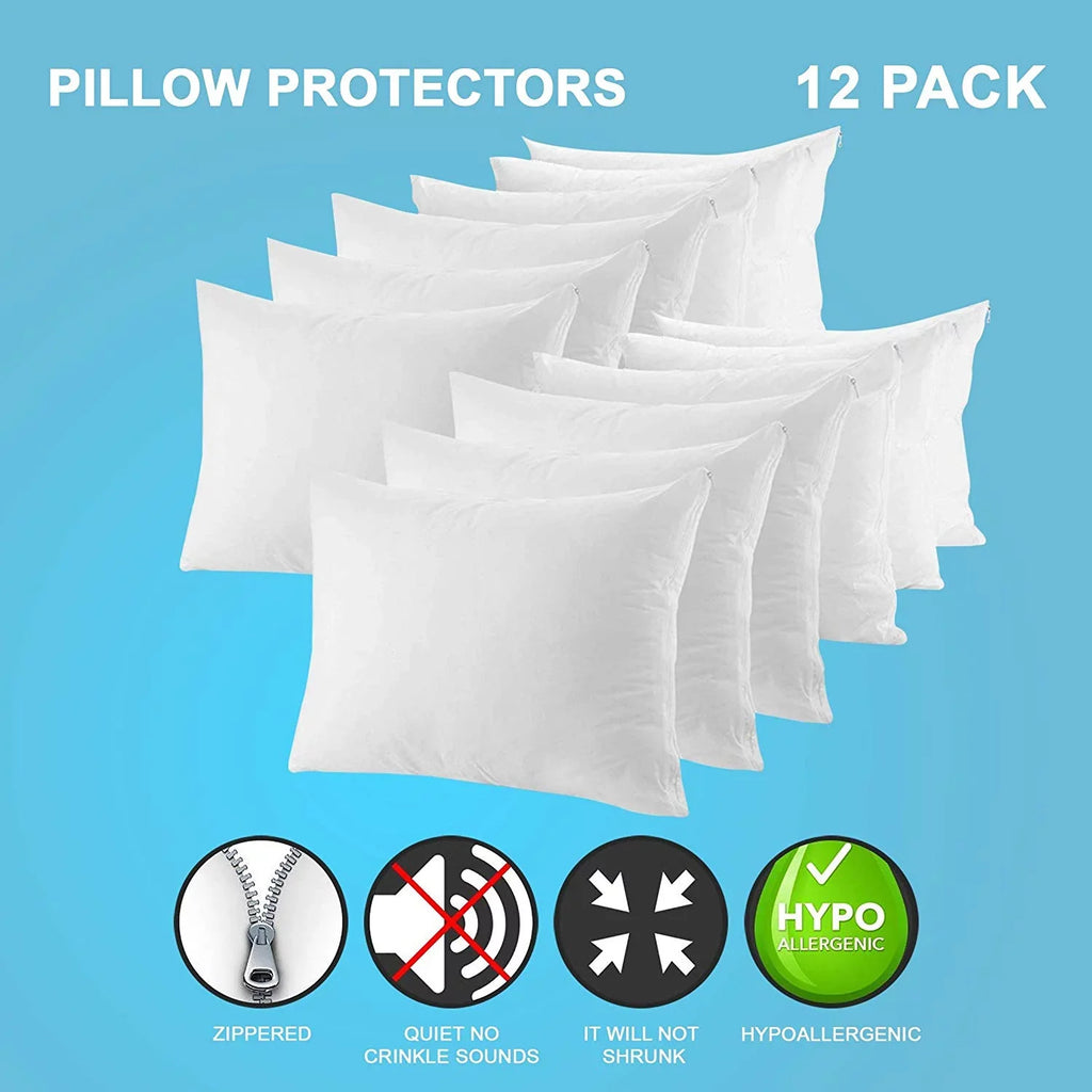 Poly-Cotton Zippered Pillow shield - Standard Size Pillow Protector - Protects from Dirt, Dust, and Debris - 12 Pack