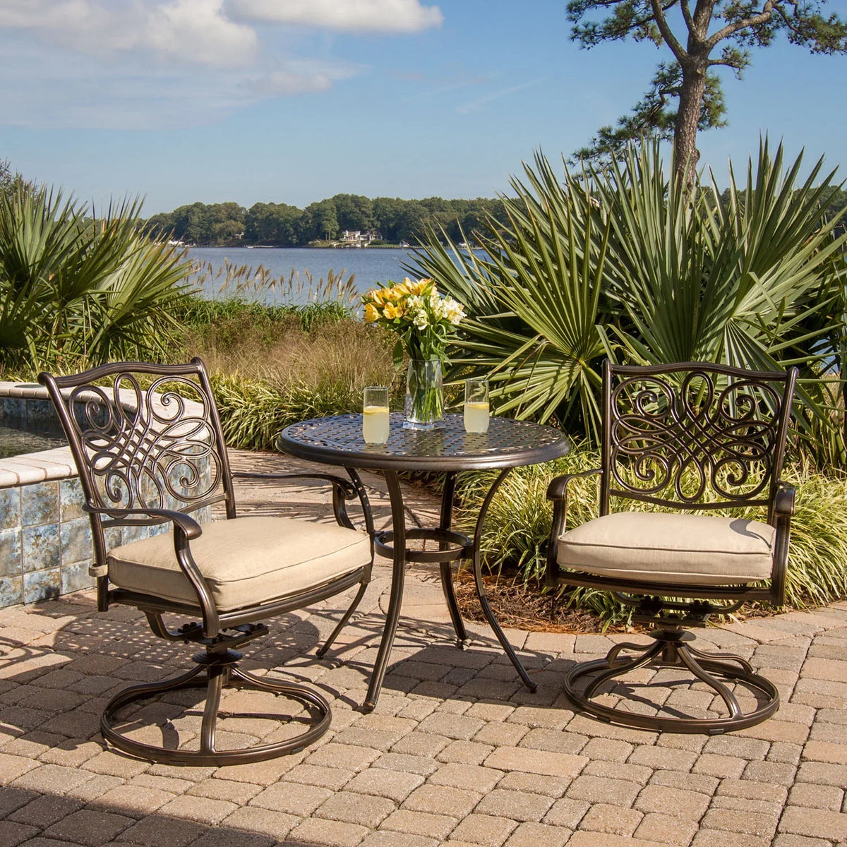 Round Table. Cambridge Seasons 3-Piece Tan Bistro Dining Set, Two Aluminum Swivel Rockers,32 in