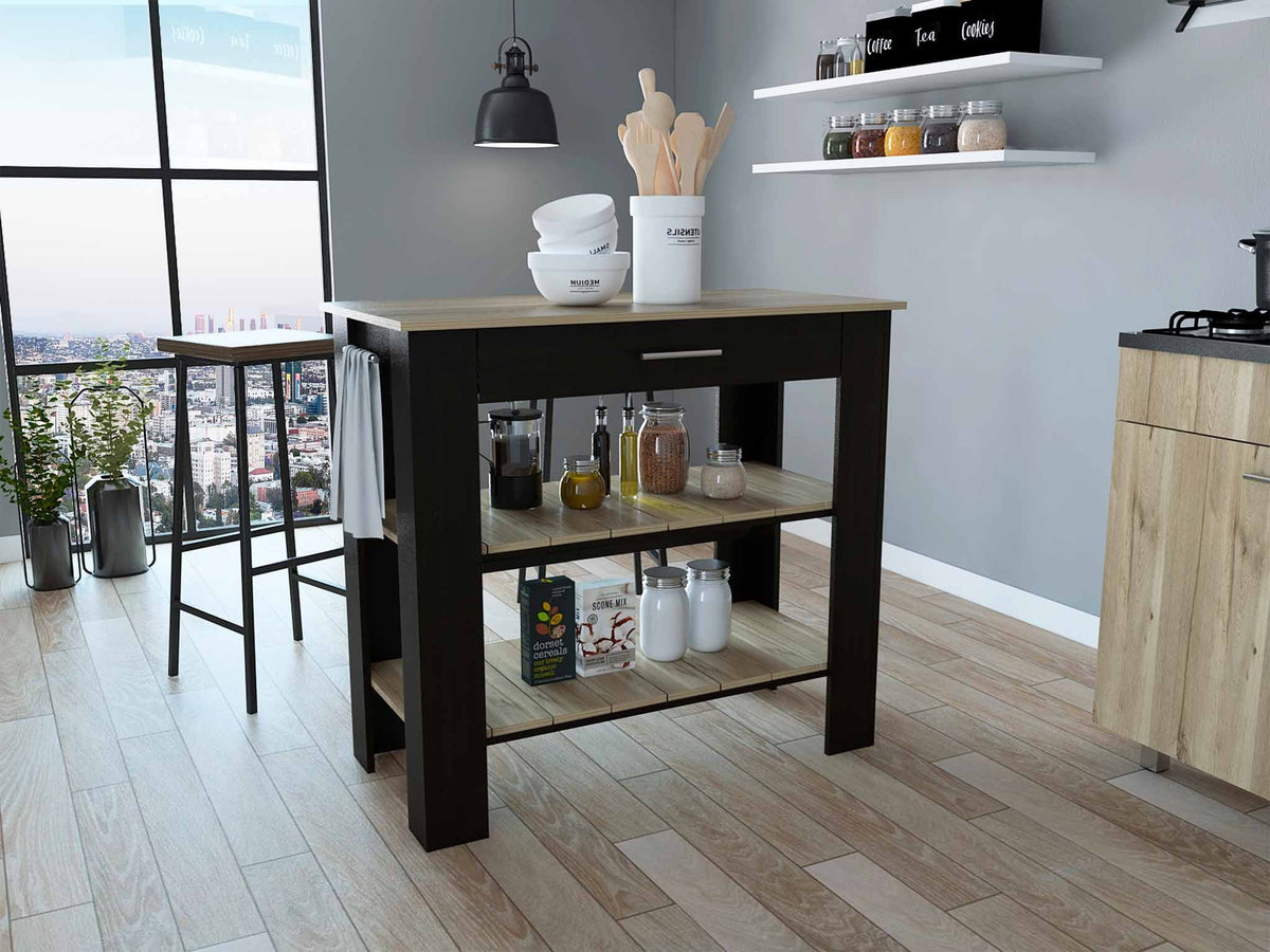 Boahaus Reims Kitchen Island, Assembled Product Height 37 in, Black Wengue / Light Oak