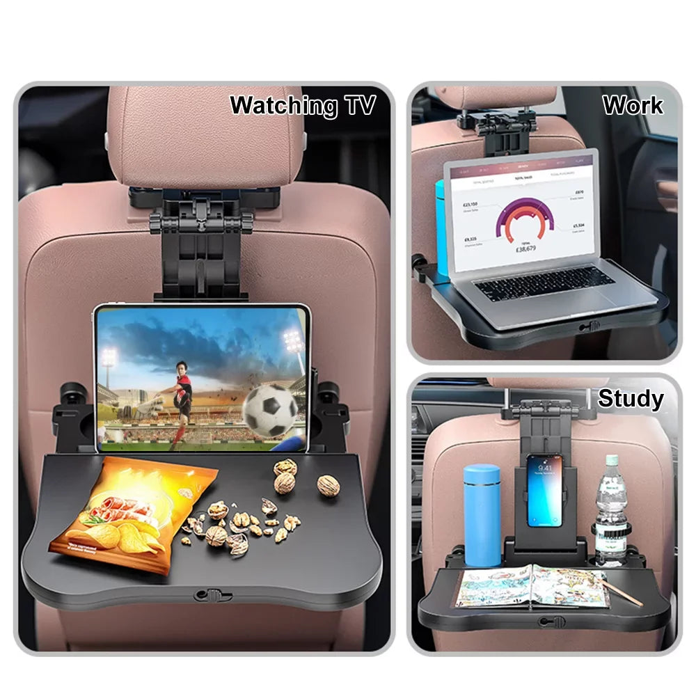 Multifunctional Car Back Seat Table: Adjustable Travel Tray with Phone Holder - Foldable, Ideal for Working, Writing, Eating - Convenient Black Design