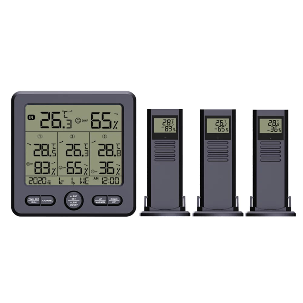 Digital Wireless Indoor  Thermohygrometer with 3 Remote Sensors 98ft/ 30m Backlight & Alarm Calibration Function Humidity  with 3 Transmitters elements Stations for Home Office