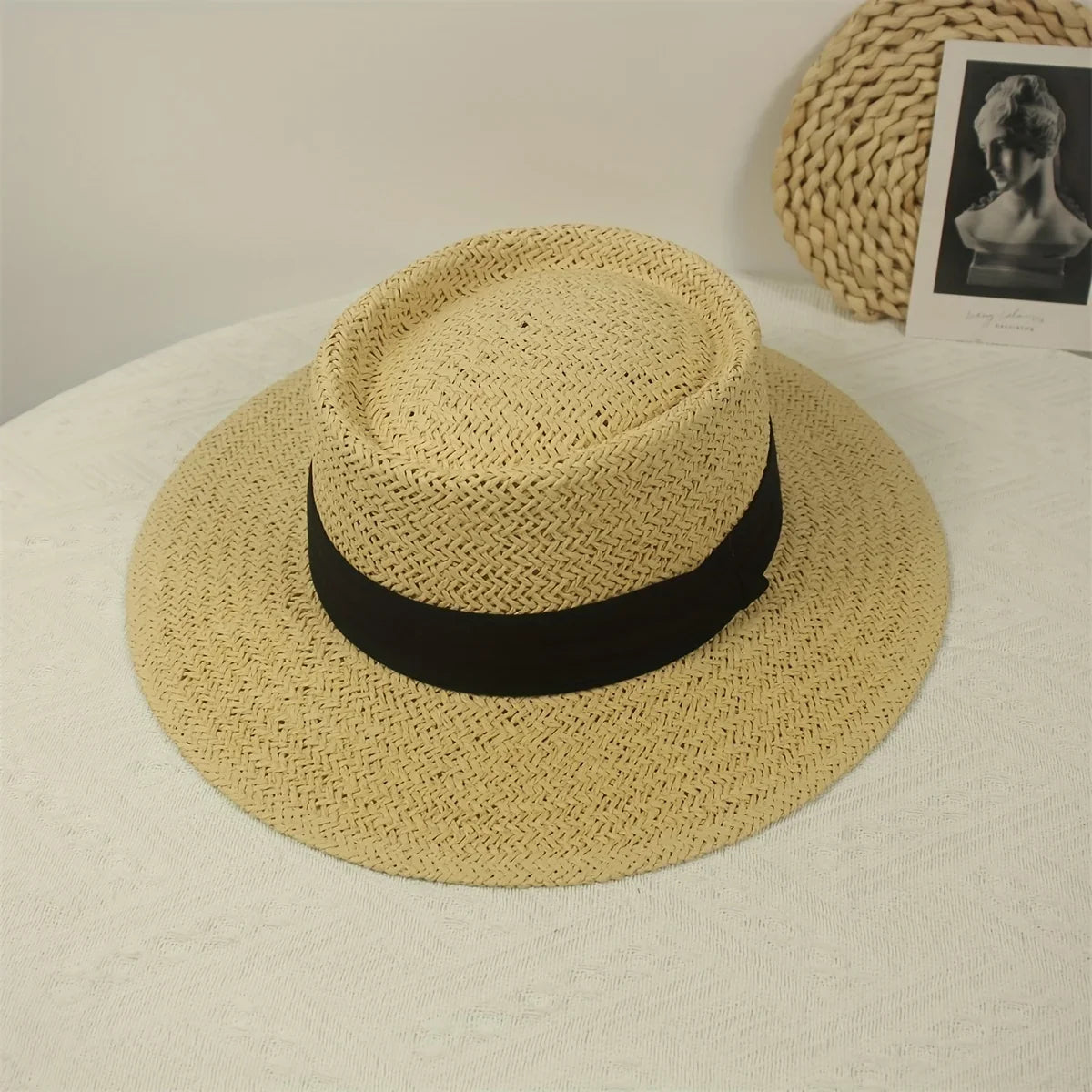 Jkzcp  1pc Vintage Handmade Braided Wide Brim Flat Top Straw Hat  Sun Protection Vacation Beach Sun Hat
