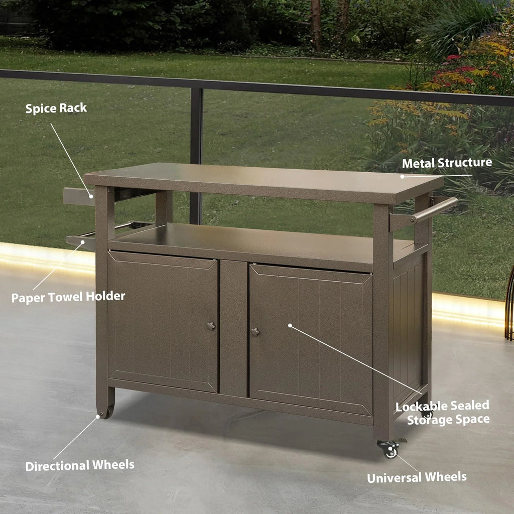 CoSoTower Grill Carts Outdoor Storage Cabinet with Wheels, Metal Outdoor Grill Table Kitchen Dining Table Cooking Prep BBQ Table for Patio, Kitchen Island, Home Party, Bar (Brown)