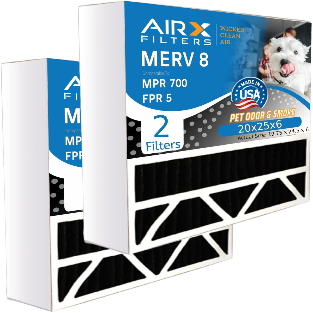 20x25x6 Air Filter Odor Eliminator Carbon Filter MERV 8 Comparable to MPR 700 & FPR 5 matching with Aprilaire 201 2 Pack by AIRX FILTERS WICKED CLEAN AIR.