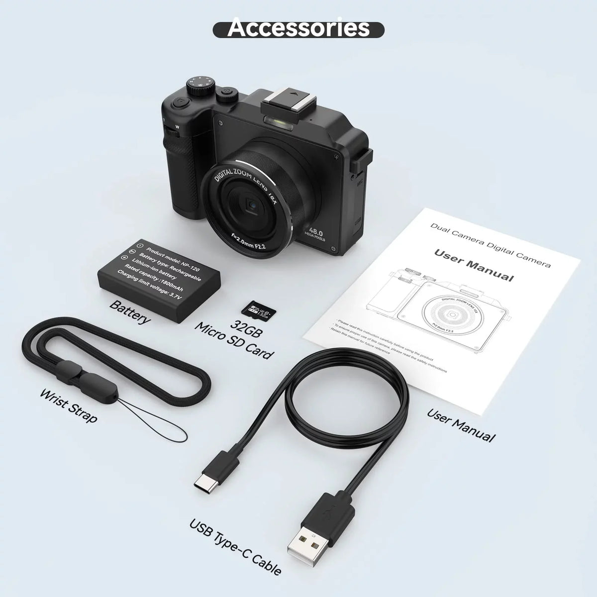 OIEXI 48MP Digital Camera for Photography,4K Video Camera with Front and Rear Dual Cameras,18X Digital Zoom,3.0-inch Screen,32GB Micro Card,Rechargeable Battery,Camera for Kids/Teens/Beginners(Black)
