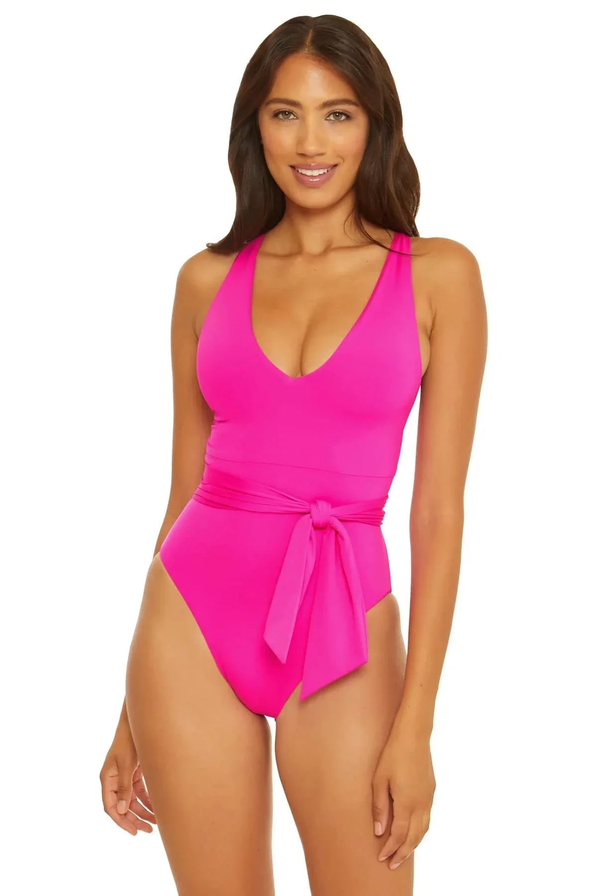 Becca by Rebecca Virtue Santorini Kali Belted One-Piece Pink Flambe MD