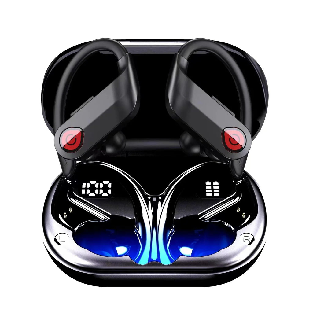 Bluetooth Headphones Wireless Earbuds 20hrs Playtime Charging Case Digital Display Sports Ear buds with Earhook Premium Deep Bass IPX7 Waterproof Over-Ear Earphones for TV Phone Laptop Black