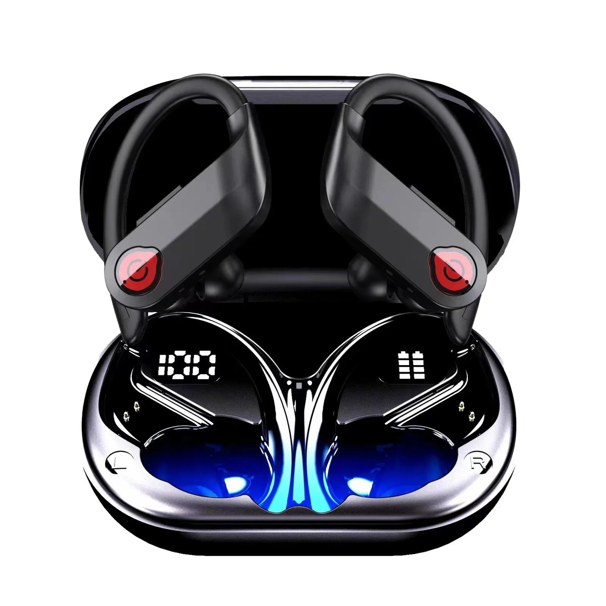 Bluetooth Headphones Wireless Earbuds 20hrs Playtime Charging Case Digital Display Sports Ear buds with Earhook Premium Deep Bass IPX7 Waterproof Over-Ear Earphones for TV Phone Laptop Black