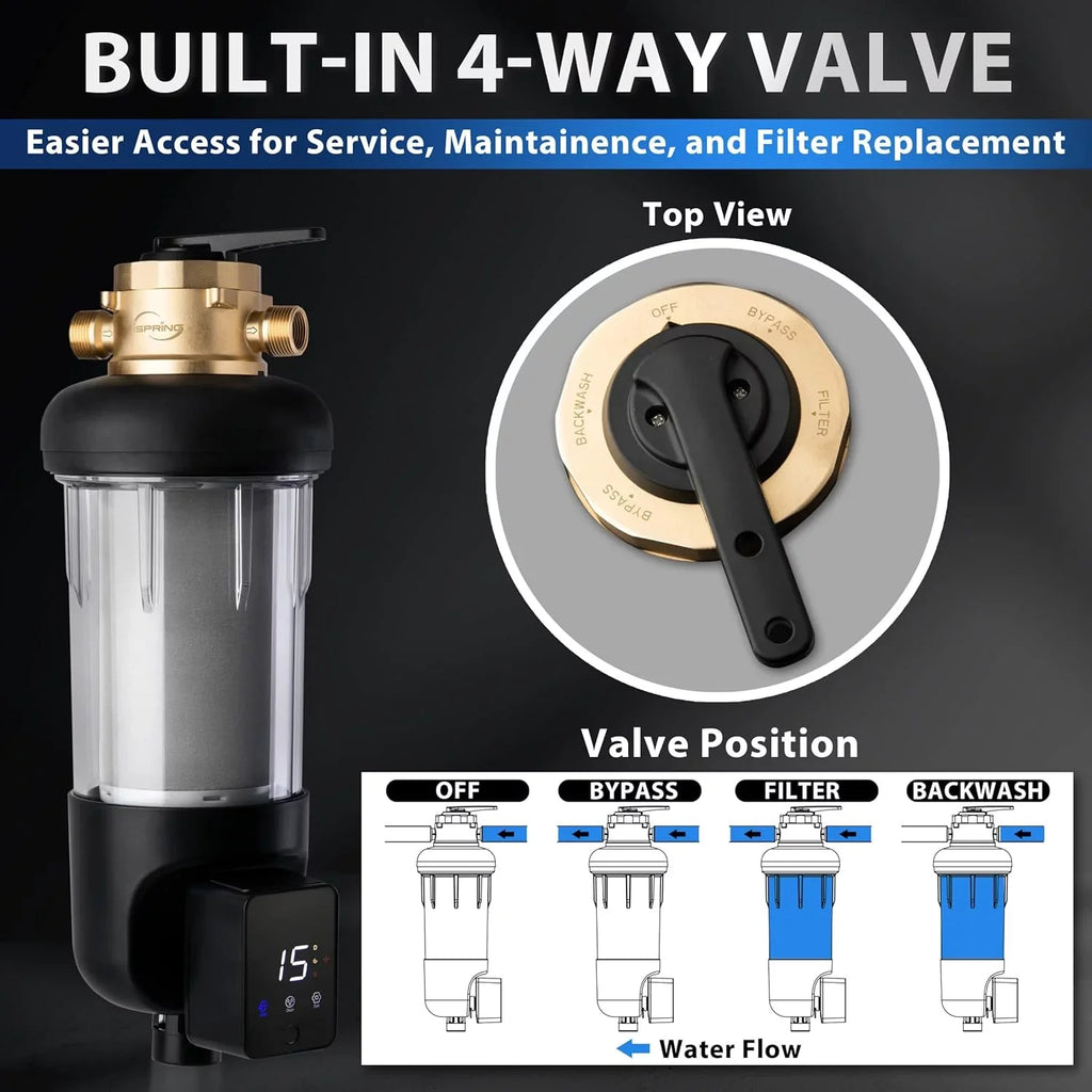 iSpring WSP100ARJ-BP Whole House Prefilter, Spin-Down Sediment moisture Filter with Bypass, Upgraded Clear Housing, Jumbo Size, Flushable and Reusable, Touch-Screen Auto Flushing, 4 Modes, 100 Microns