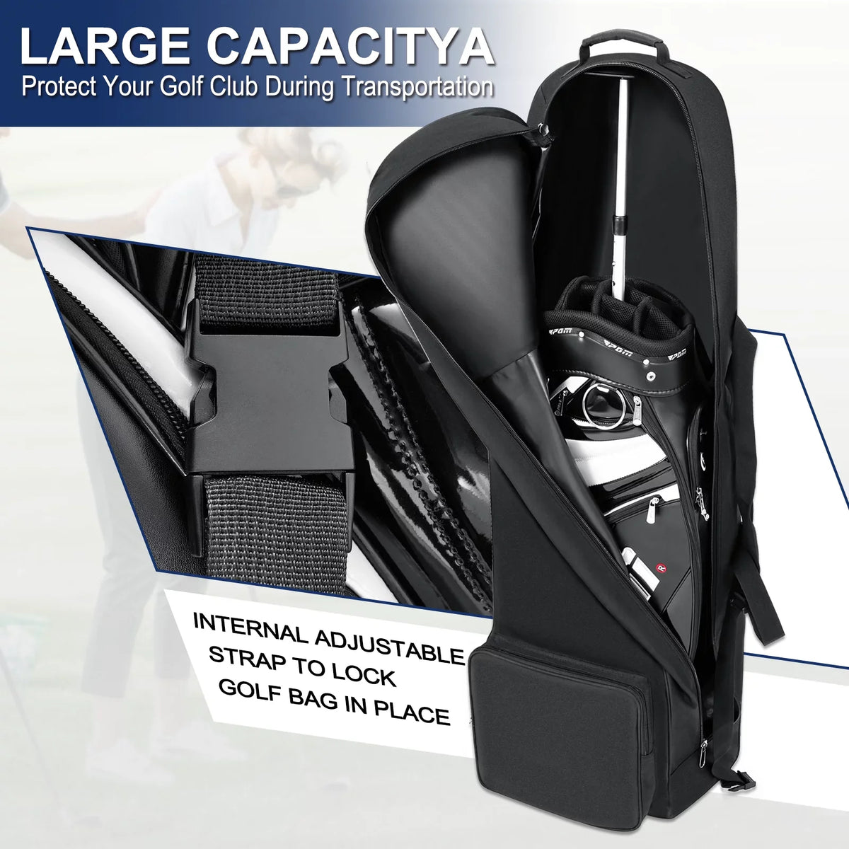 Wossspt Soft Golf Travel Bags with Stabilizing Straps, Upgraded Rubber Wheels, Heavy Duty 900D Polyester Oxford Wear immune，Extra Storage Pocket