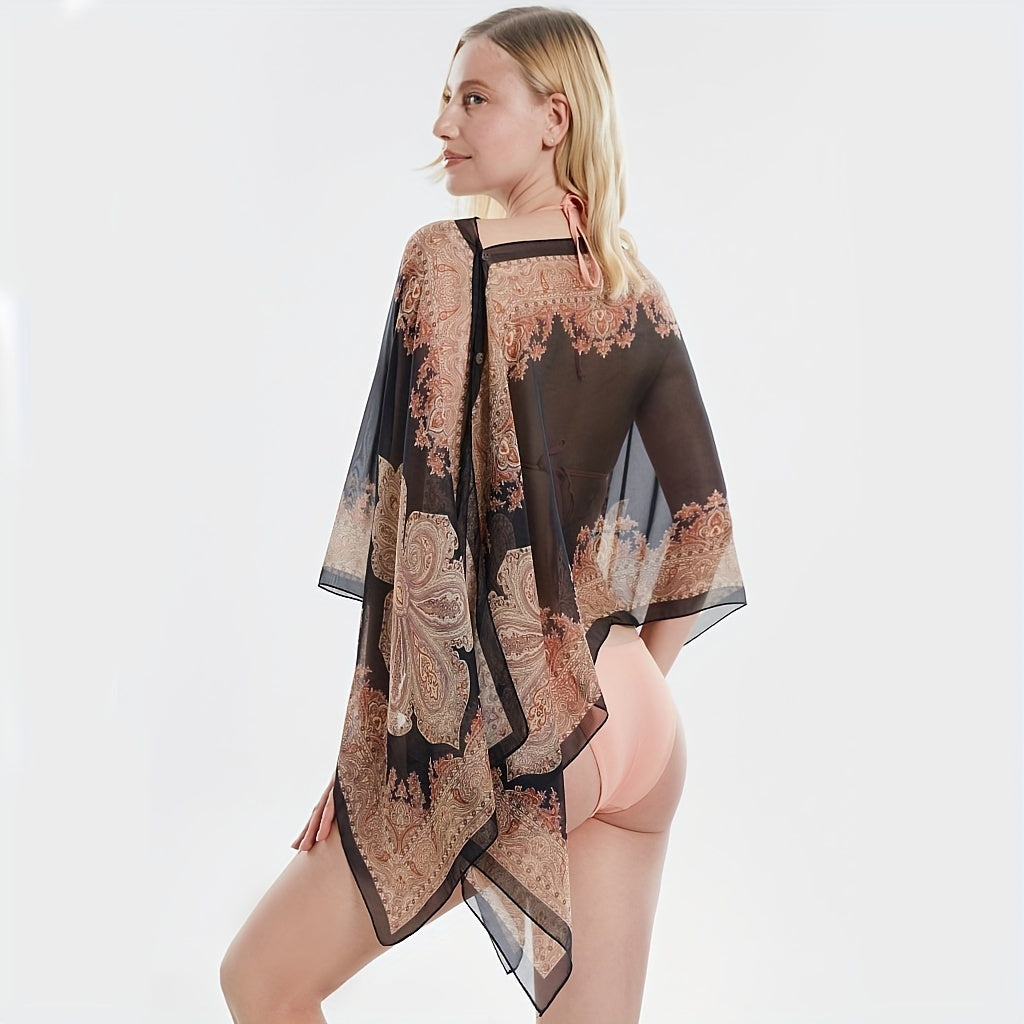 Jkzcp  Fashionable Sun Protection  Vintage Paisley Print Shawl Bikini wrap Up With Button