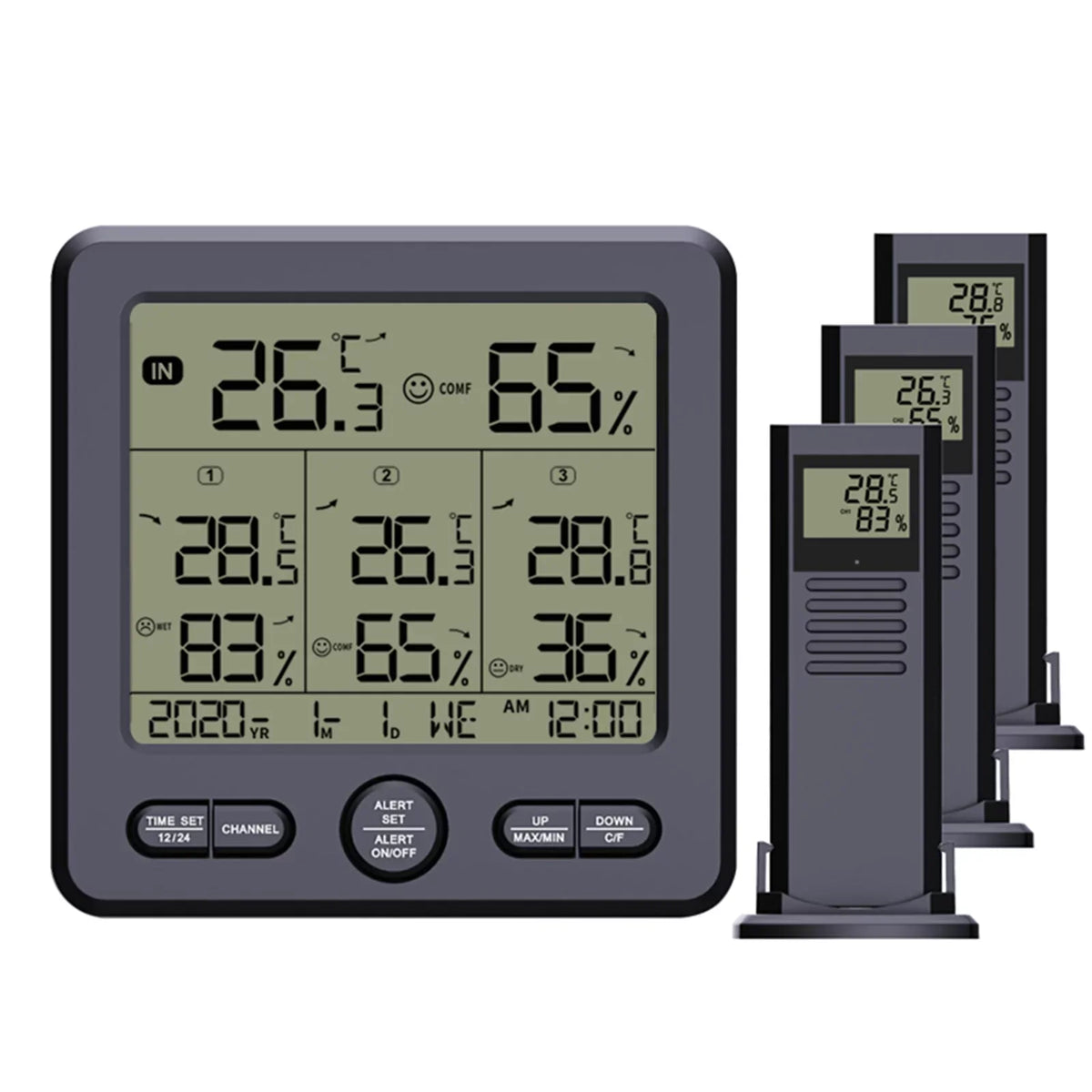 Digital Wireless Indoor  Thermohygrometer with 3 Remote Sensors 98ft/ 30m Backlight & Alarm Calibration Function Humidity  with 3 Transmitters elements Stations for Home Office