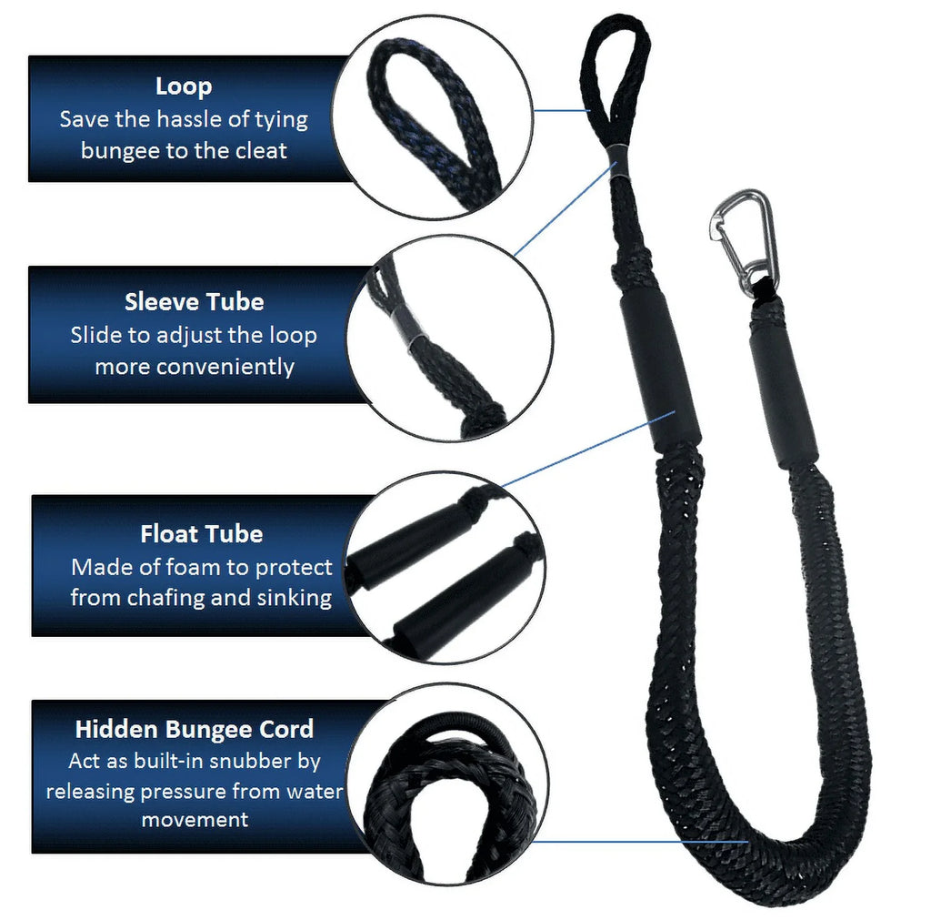 Pactrade Marine vessel Pontoon Kayak PWC Jet Ski rubber strap Dock Line Mooring Rope 4'-5.5' with SS316 Snap Hook Salt and Fresh moisture Use 2 Pack (Black & White)