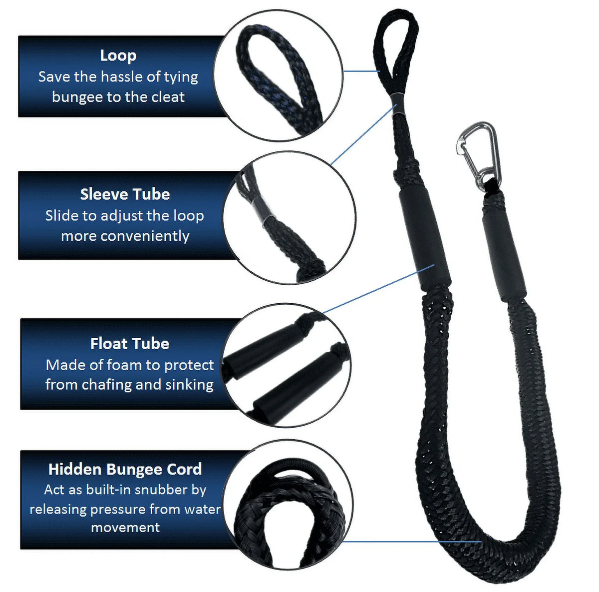 Pactrade Marine vessel Pontoon Kayak PWC Jet Ski rubber strap Dock Line Mooring Rope 4'-5.5' with SS316 Snap Hook Salt and Fresh moisture Use 2 Pack (Black & White)
