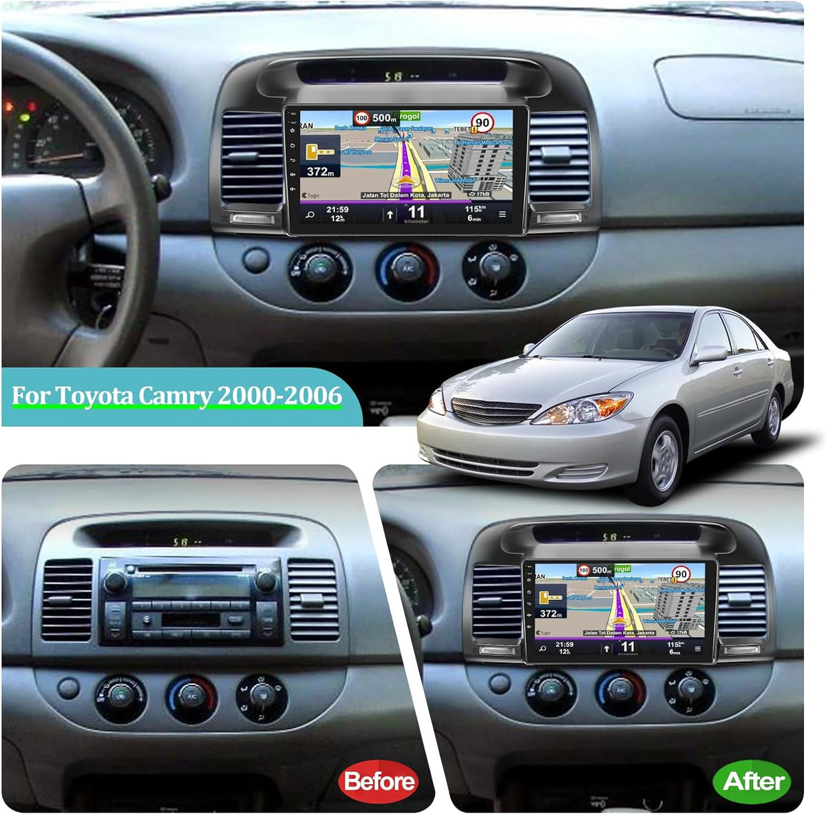 THONZER For  Camry 2000-2006, 9 Inch Touchscreen Radio Built in Wireless Carplay and Andriod Auto with Mirror Link, WiFi, GPS, Dual USB + Rear View Camera 2+32G Android Car Stereo