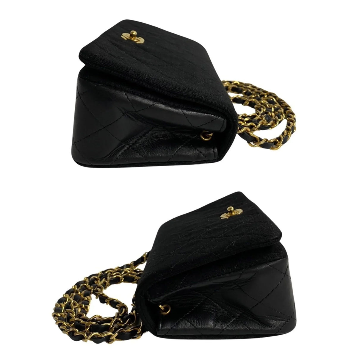 Pre-Owned CHANEL Matelasse Cotton Lambskin Turnlock Full Flap Chain Shoulder Bag Black 73960 (Good)