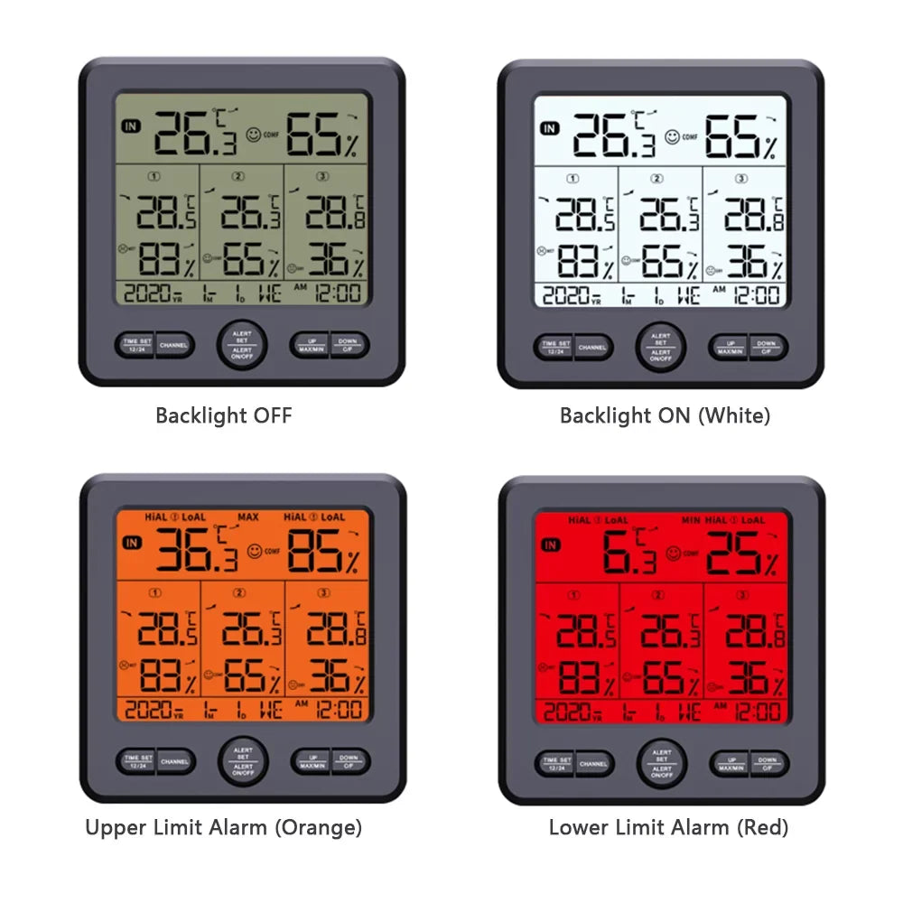 Digital Wireless Indoor  Thermohygrometer with 3 Remote Sensors 98ft/ 30m Backlight & Alarm Calibration Function Humidity  with 3 Transmitters elements Stations for Home Office