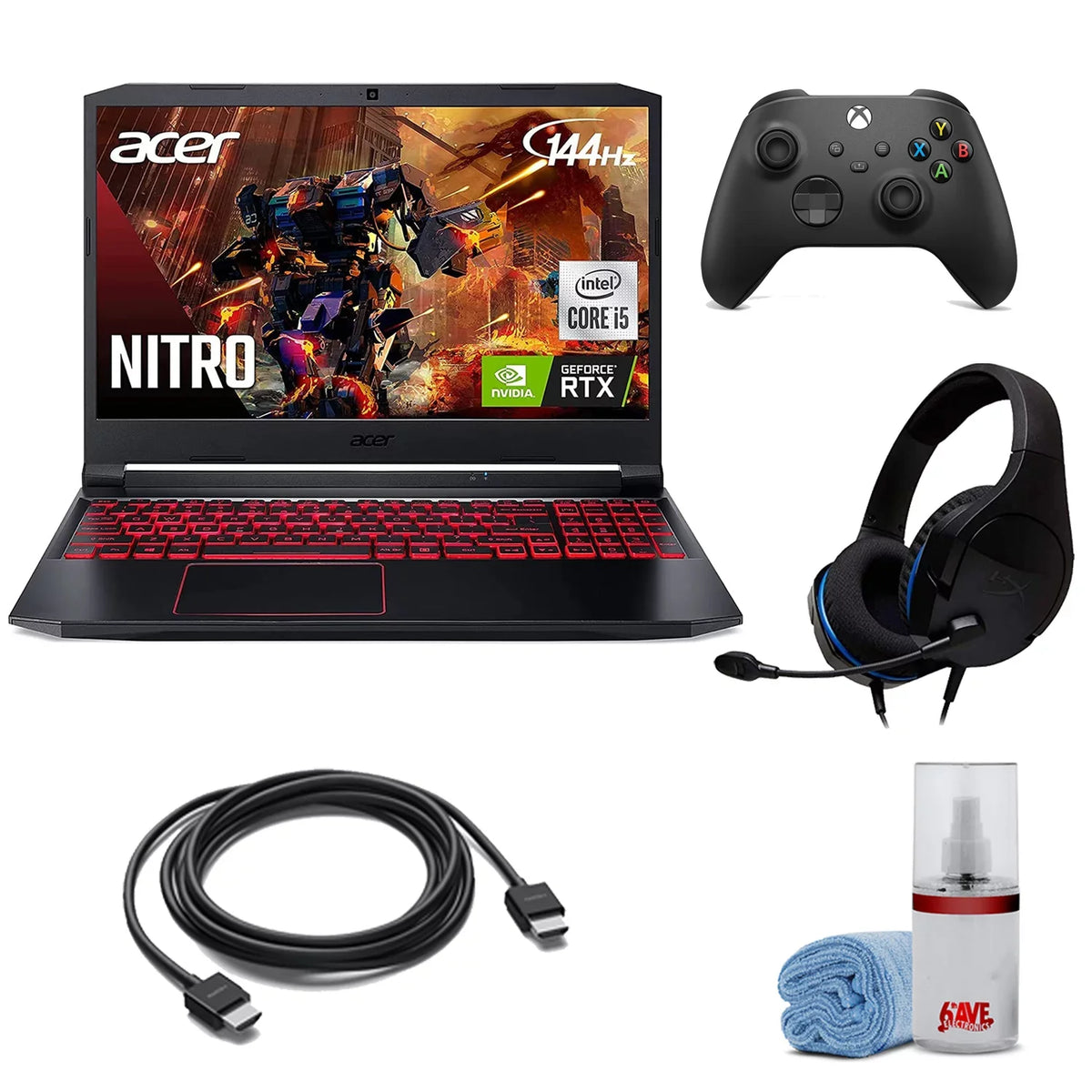 Nitro 5 15.6-Inch 144hz IPS Gaming Laptop + High high-grade 6ft HDMI Cable + LCD Screen Cleaner + Wired Stereo Gaming Headset + Gaming Controller- Carbon Black