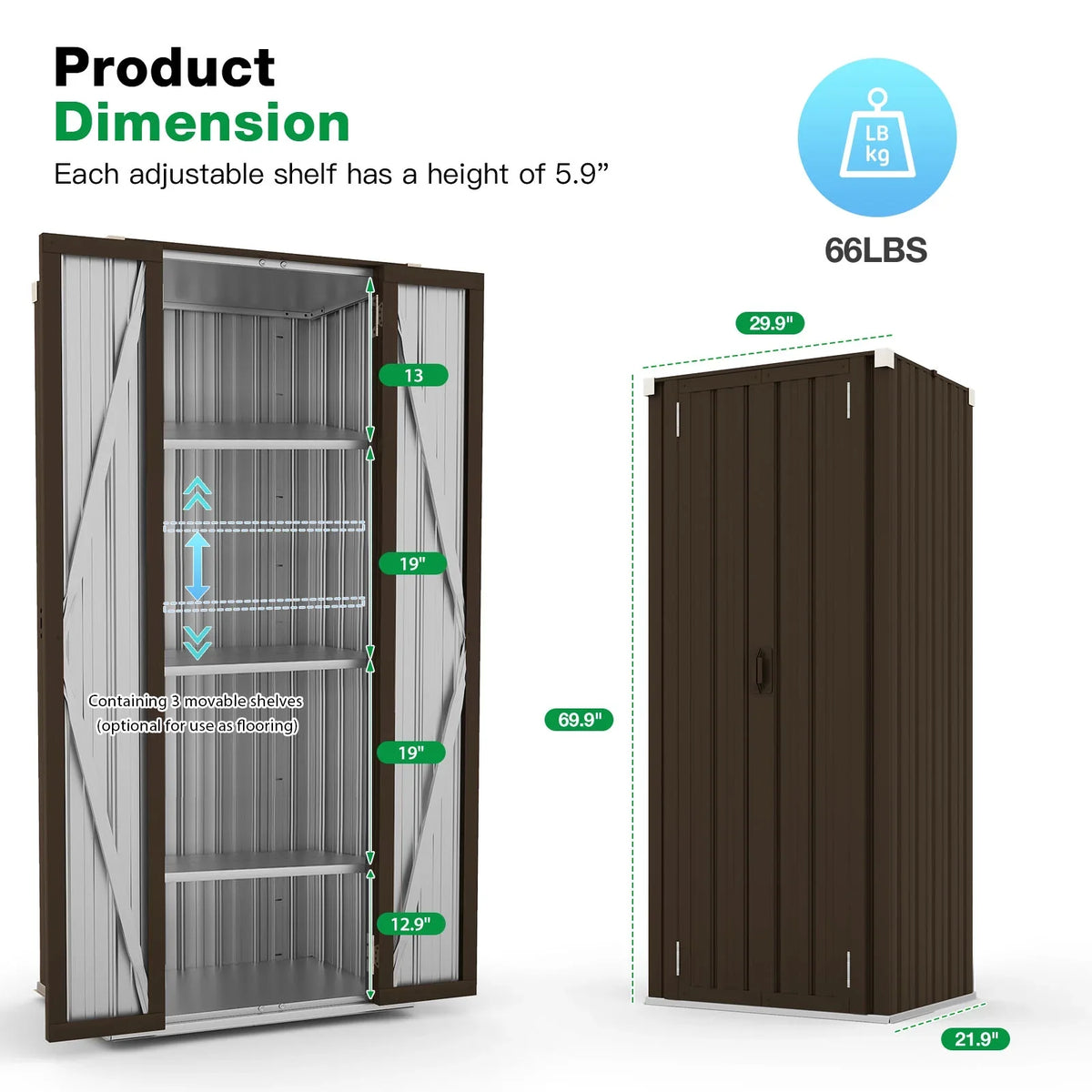 YODOLLA 70" Metal Storage Cabinet with Doors and Shelves Outdoor/ Indoor Storage Shed Organizer for Garage& Garden in Brown