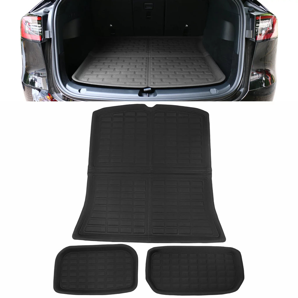 Ikon Motorsports Trunk Mats Cargo Liner appropriate with 2020-2023 Tesla Model Y, Black TPE 3D Molded Waterproof Anti-Slip Frunk Trunk Under Cargo Storage Liner Mat Interior Accessories 3PCS