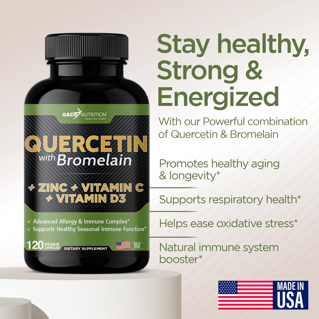 Daily Supplement with Vitamin D3 (Non-GMO, Gluten-Free, Vegan) 6 Month Supply. Quercetin with Vitamin C and Zinc - Quercetin 500mg - Quercetin with Bromelain - Zinc Quercetin - 360 Veggie Caps