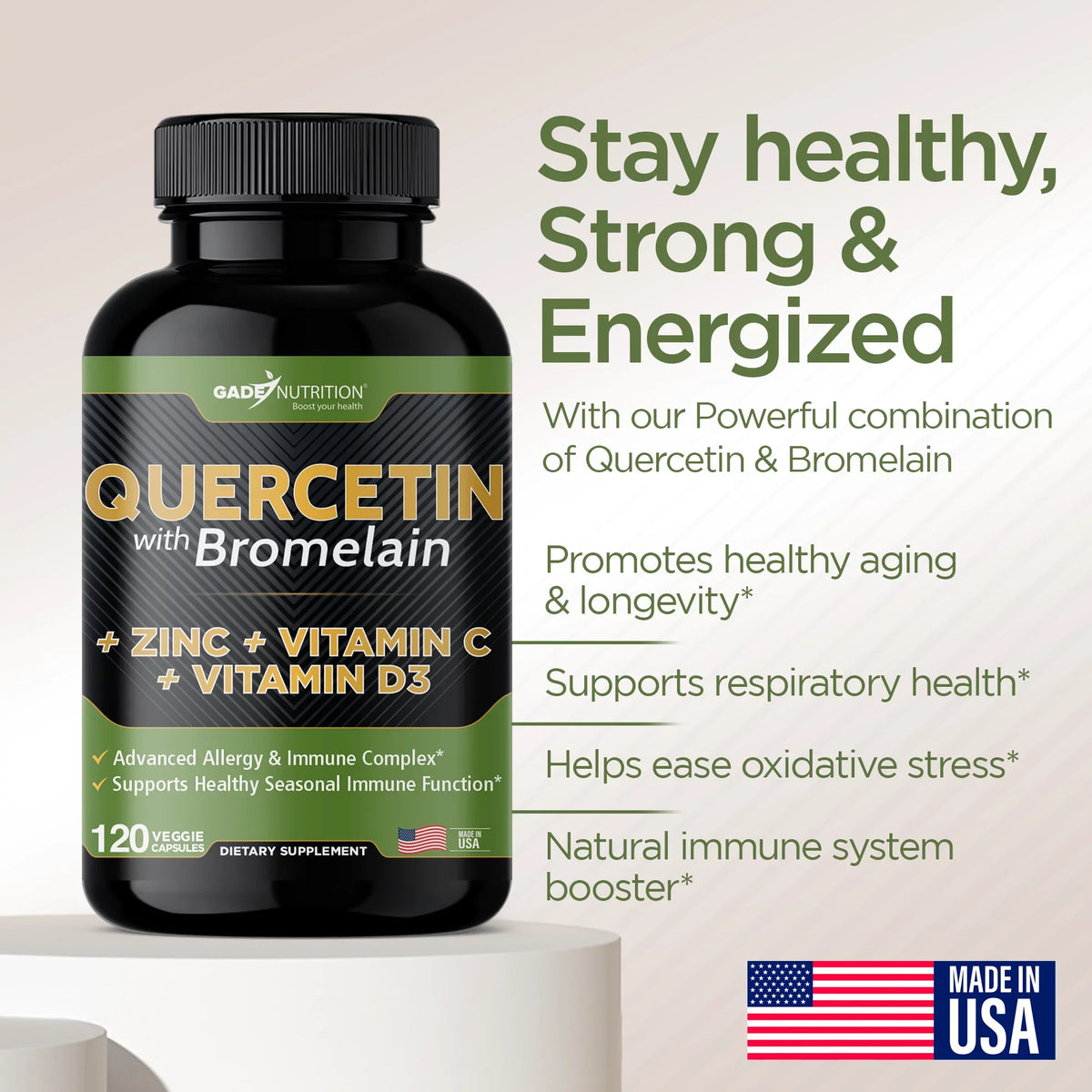 Daily Supplement with Vitamin D3 (Non-GMO, Gluten-Free, Vegan) 6 Month Supply. Quercetin with Vitamin C and Zinc - Quercetin 500mg - Quercetin with Bromelain - Zinc Quercetin - 360 Veggie Caps
