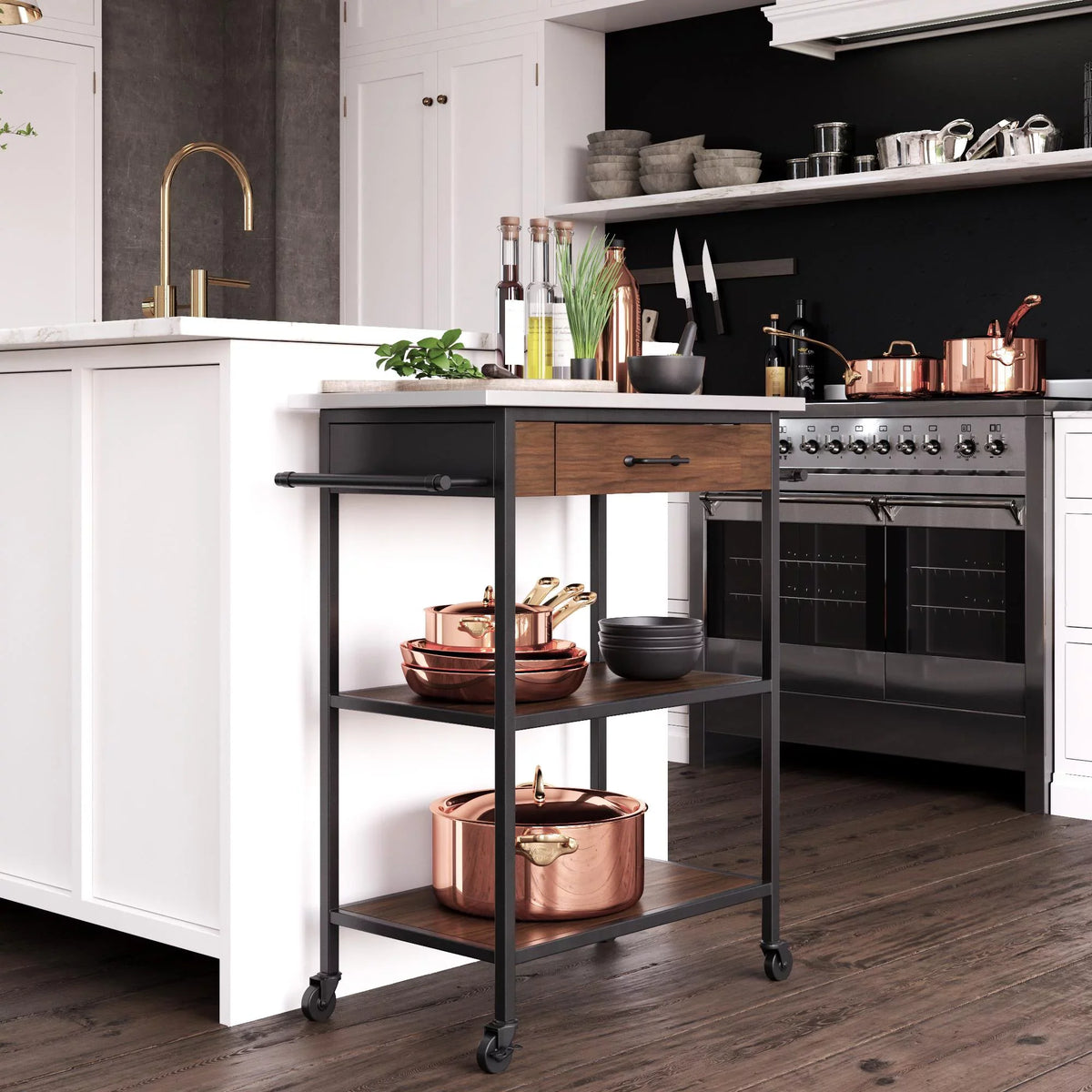 DHP Kane Kitchen Cart, Black Metal Frame, Stainless Steel Counter Top, Pantry Storage, Brown