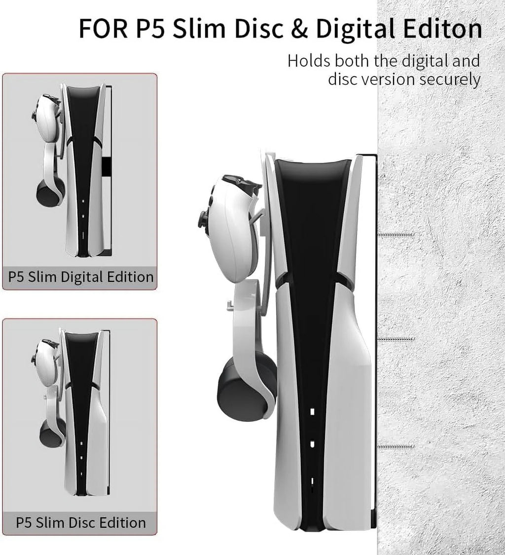 Uberwith Steel Wall Mount Bracket appropriate with PS5 Slim, Stable Metal Wall Hanging Stand for PS5 Slim with Controller Holder & Headphone Hanger,Black