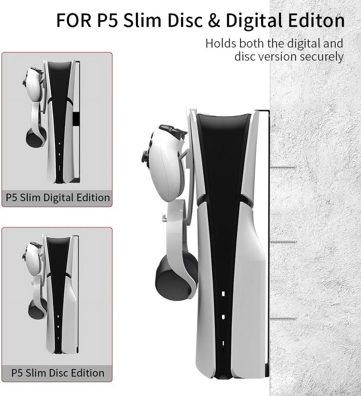 Uberwith Steel Wall Mount Bracket appropriate with PS5 Slim, Stable Metal Wall Hanging Stand for PS5 Slim with Controller Holder & Headphone Hanger,Black