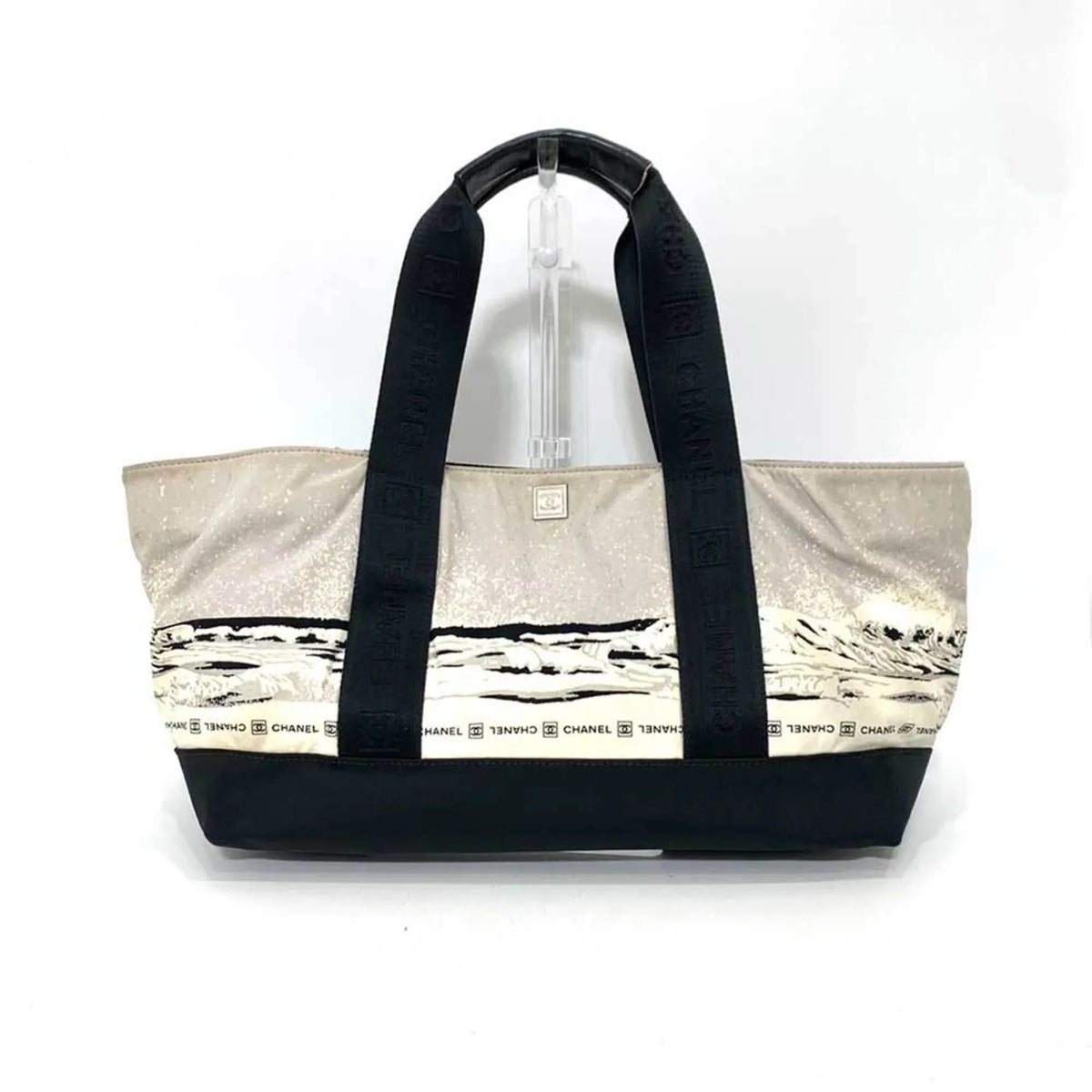 Pre-Owned CHANEL Bag Sports Line High Summer Handbag Black x Gray Tote Horizontal Wave Pattern Ladies Men's Nylon Canvas (Fair)