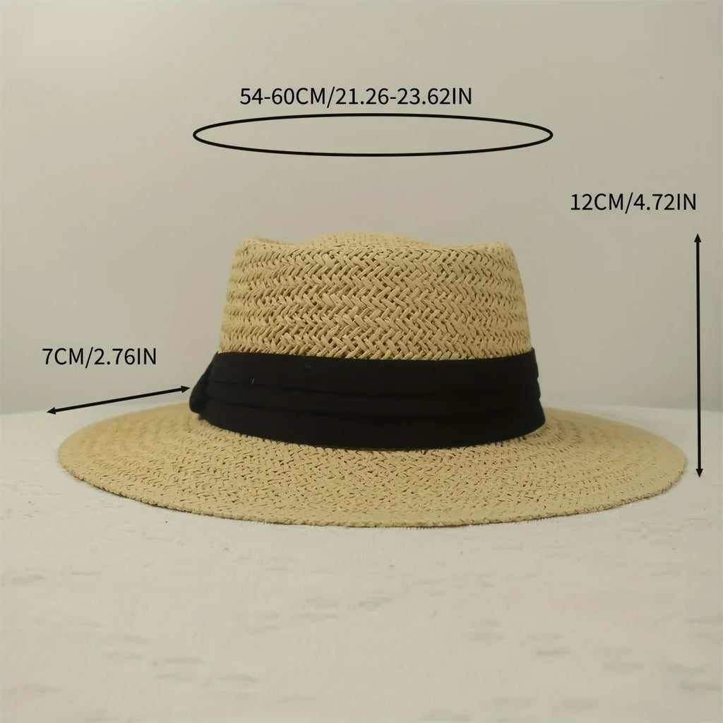 Jkzcp  1pc Vintage Handmade Braided Wide Brim Flat Top Straw Hat  Sun Protection Vacation Beach Sun Hat