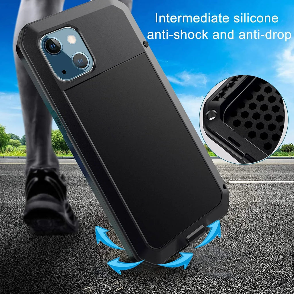 Gorilla Glass Aluminum Metal iPhone 15 Pro Case (Black) Heavy Duty Military Grade Shockproof and Scratch impervious Protection, Rugged Outdoor Travel