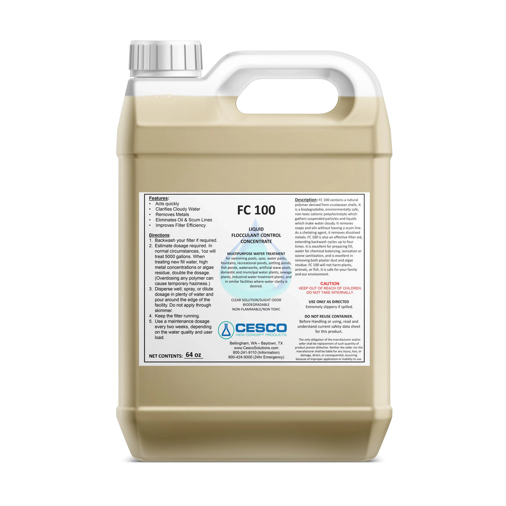 Cesco Solutions FC-100 Flocculant Clarifier - Concentrated aqua Cleaning Liquid for Swimming Pool, Pond, Spa - Non-Toxic Pool Chemicals - Eco-Friendly, Safe Pool Supplies  - 64 Oz