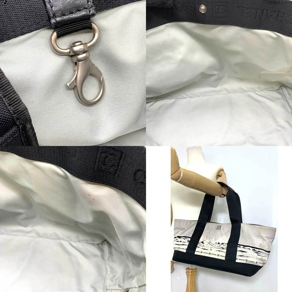 Pre-Owned CHANEL Bag Sports Line High Summer Handbag Black x Gray Tote Horizontal Wave Pattern Ladies Men's Nylon Canvas (Fair)