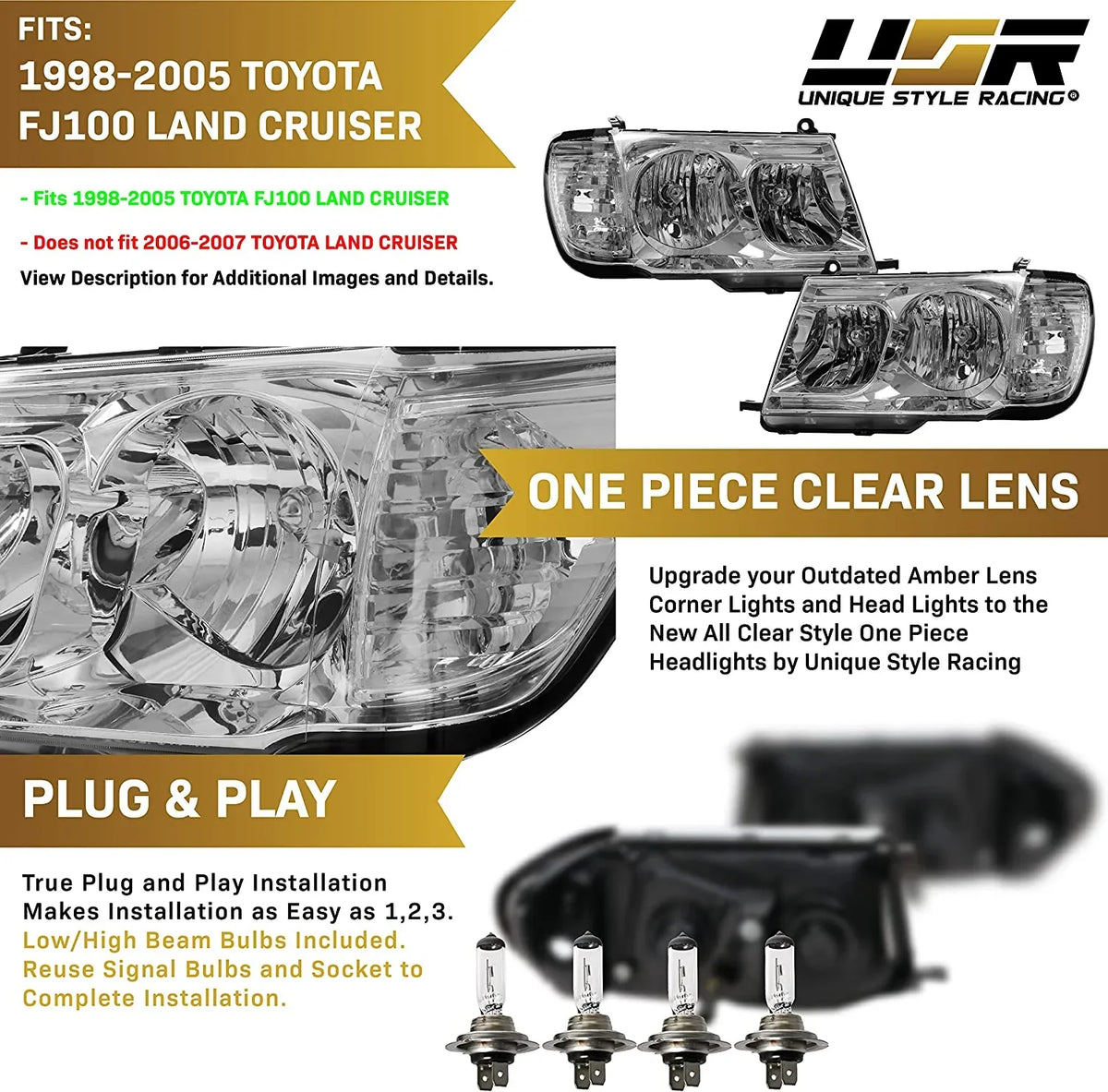 USR DEPO FJ100 Headlights - Headlamps Set (Left + Right) suitable with 1998-2005  Land Cruiser FJ 100 (Euro Style with Clear Corner ONE Piece Design)